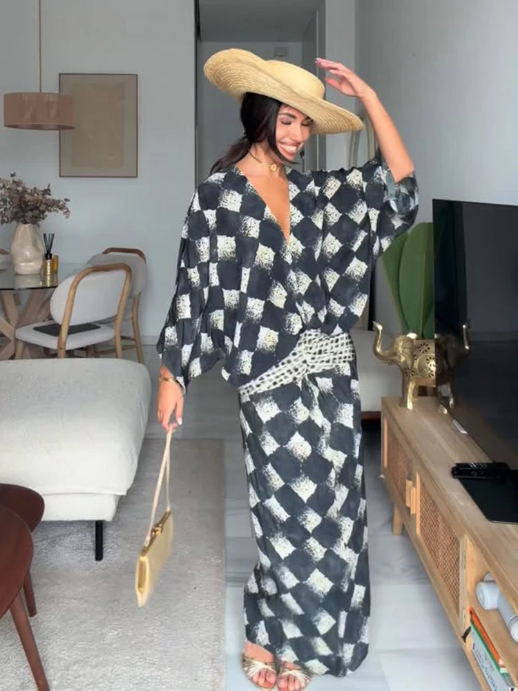 Elegant Plaid Printed Women's Dress V-neck Batwing Sleeve Waist Cinching Long Dress 2026 Spring Summer Casual Holiday Lady Robes