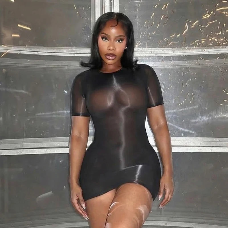 Sexy spicy girl style see through short sleeved tight fitting dress, short dress