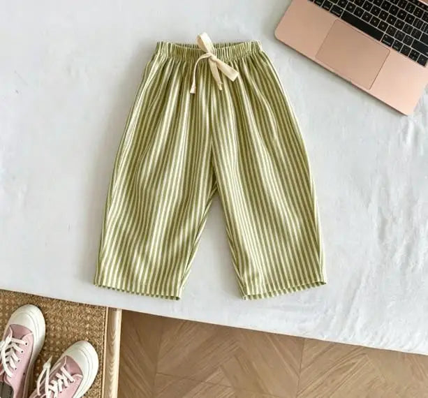 Kids Casual Loose Fit Pants Cotton Trousers With Striped Drawstring Design Multiple Color Choices Suitable For Boys And Girls