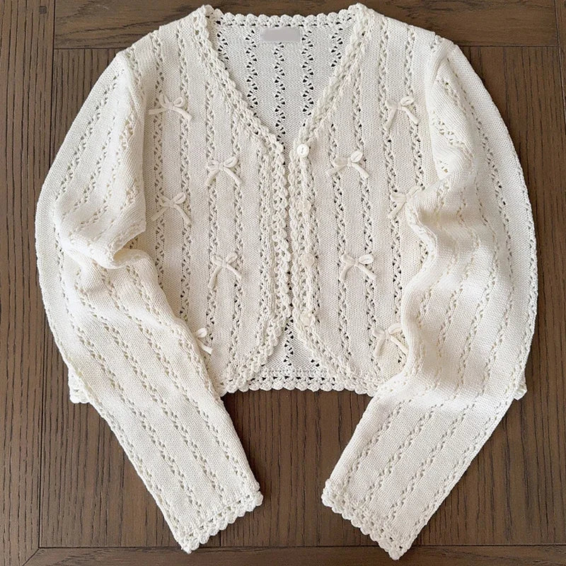 Sweet Knitted Cardigans Women Hand Crochet Bows Decoration Heart Hollow Out Sweaters for Kawaii Girls