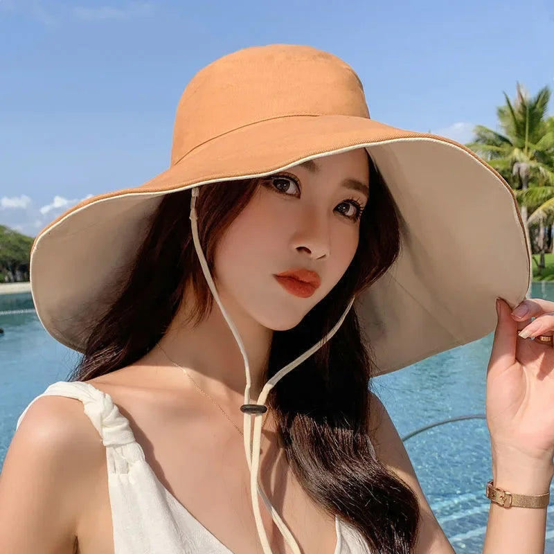 Wide Brim UPF 50+ Sun Hat Women Anti-UV Protection Hiking Fisherman Cap Fold Summer Solid Beach Hat 2024 Double sided Sun hat BAZAARHUBO