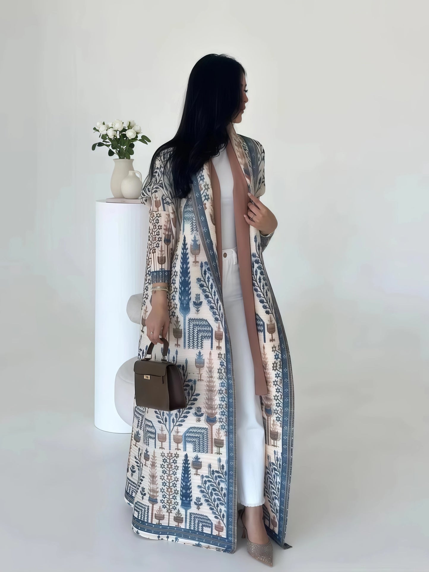 Miyake Pleated Abaya Print Foldable Collar Women's Long Sleeve Robe 2024 New Winter Original Design Fashion Cardigan Coat