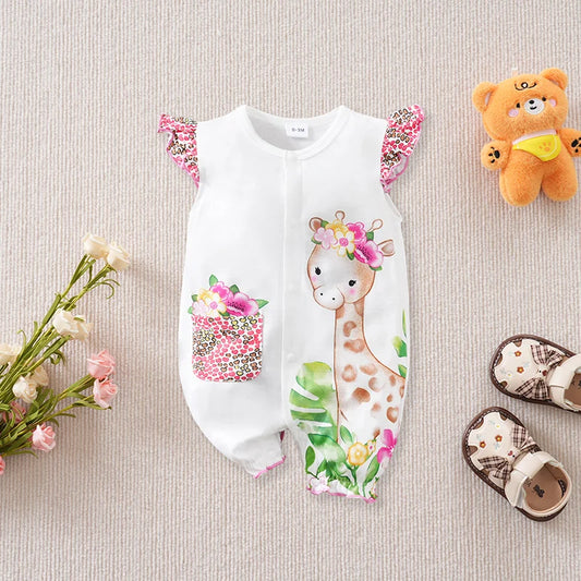 Newborn Baby Girls Summer Floral Giraffe Ruffle Sleeve Sleeveless Romper Stretch Breathable Daily Photo Outfit 0‑18M Jumpsuit Ro