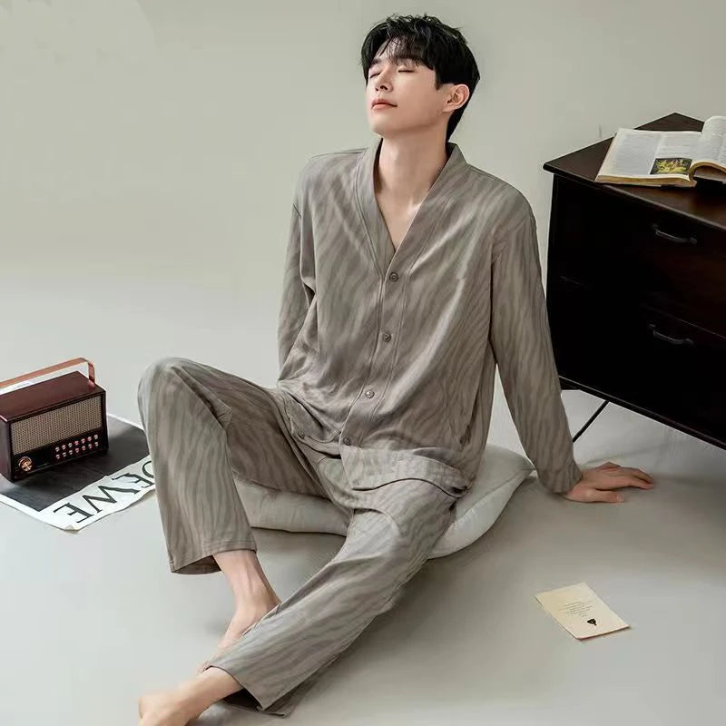 Pajamas for Men Spring and Autumn Long-Sleeved Young Men's Simple Casual Lapel Autumn and Winter Home Wear Set