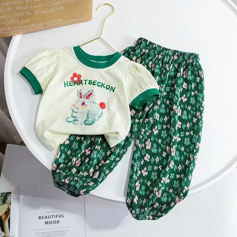 Baby Sets Girls Cute Suit Summer New Outfit Kids Short Sleeve   Cartoon T-Shirt Floral Pants 2-Piece Children Casual Clothing
