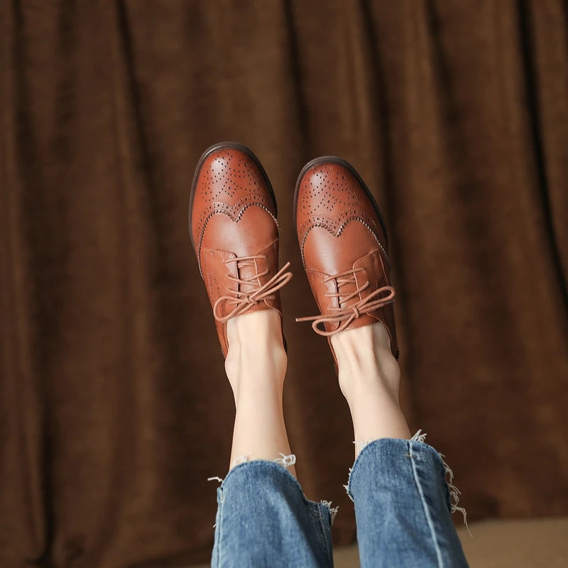Women's New Round Head Burnt Flower Inner and Outer Leather Cowhide Lace up Large Low Heel Block Oxford Shoes