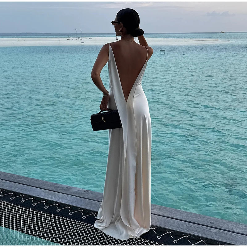 Sexy Backless Satin Women's Summer Dress V-neck Sleeveless Backless Slit Beach Sling Sundress 2026 Lady Chic Evening Party Robes
