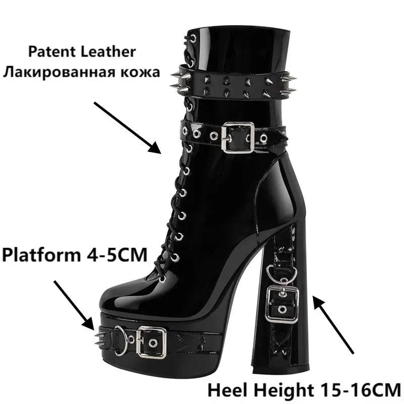 Onlymaker Women Platform Metal Buckles Lace-up Chunky Heel Ankle Boots Big Size Punk Booties