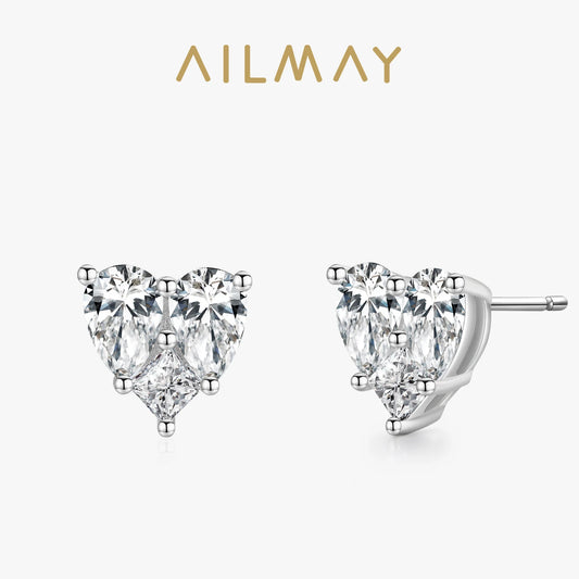 Ailmay 100% 925 Sterling Silver Luxury Elegant Love Heart Shape Stud Earrings for Women Cubic Zirconia Fashion Party Jewelry