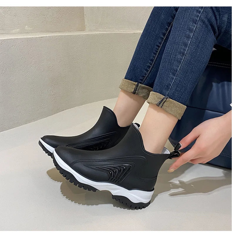 Women Rainboots Slip-on Waterproof Girls Ankle Boots PVC Anti-Slip Spring Autumn Rain Shoes Platform Woman Fishing Rubber Shoes
