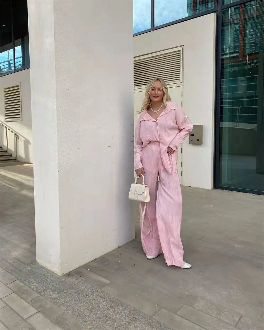 New Two Piece Set Women Outfits Pleated Women's Elegant  Drape Loose Sets Shirt High Waist Trousers Female Suit Fashion Casual