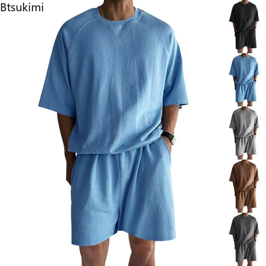 New 2026 Summer Men's Two Piece Sets Casual Loose Short Sleeve O Neck Tees and Shorts Tracksuits Men Stylish Solid Color Suits
