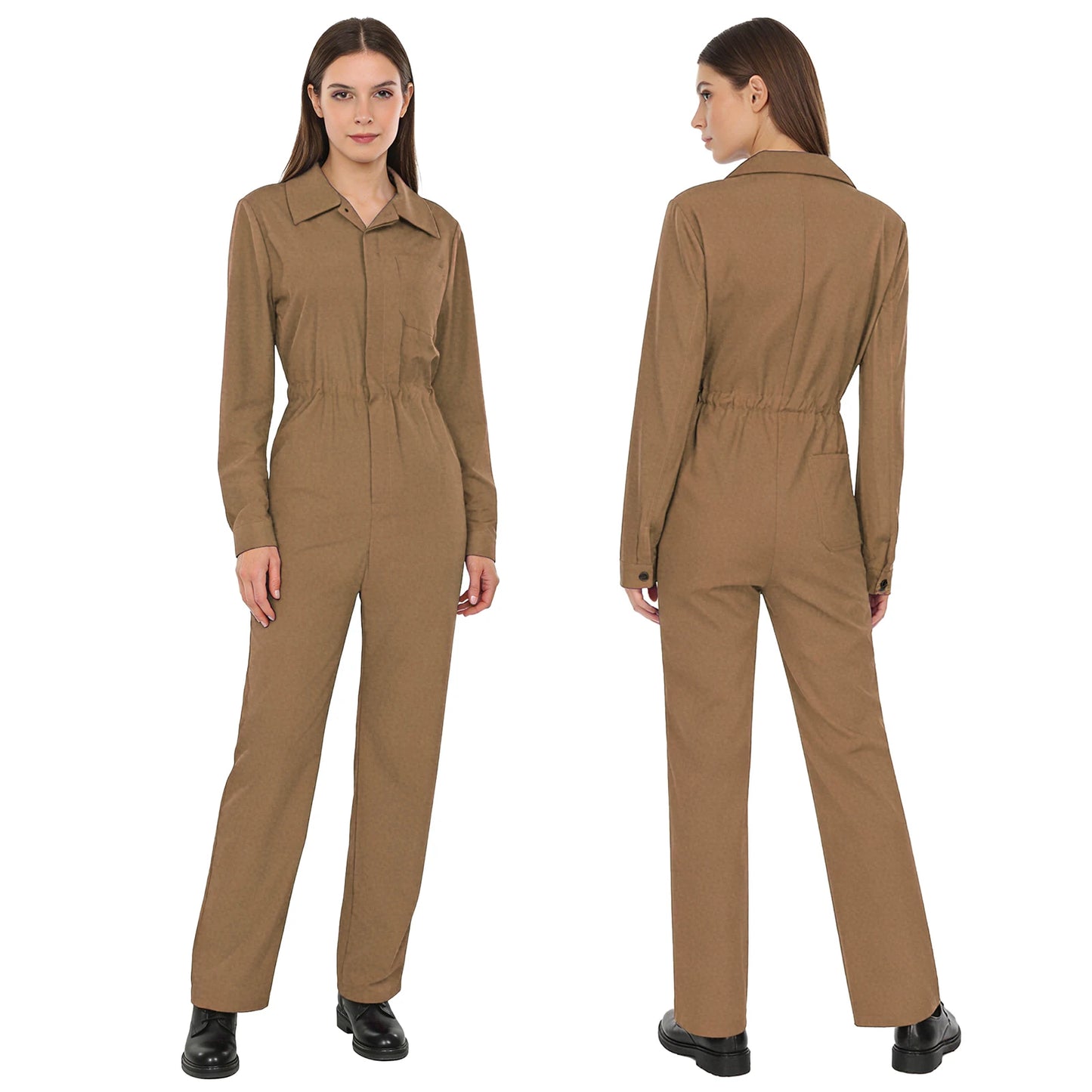 Womens Coverall Solid Color Turn-Down Collar Long Sleeve Button Jumpsuit Mechanic Work Overalls Fashion Casual Cargo Rompers