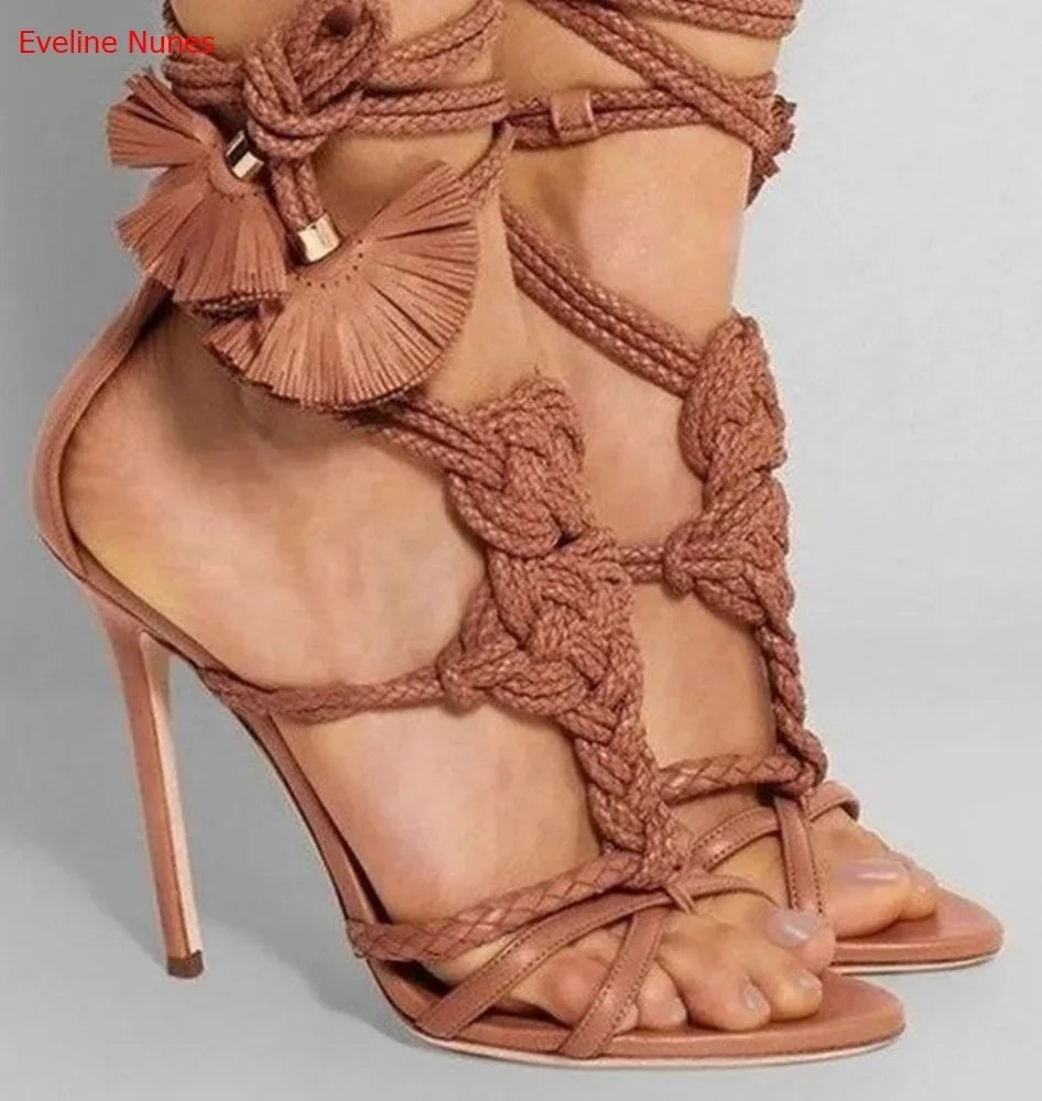 Knotted Braided Leather Sandals Summer New Arrival Ankle Lace-Up Solid Color Fashion Versatile Colorful Pop High Heels Women