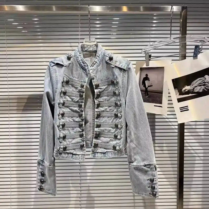 2026 Autumn New Fashion Metal Buckle Design Shoulder Strap Denim Short Jacket For Women High Street Coat Female