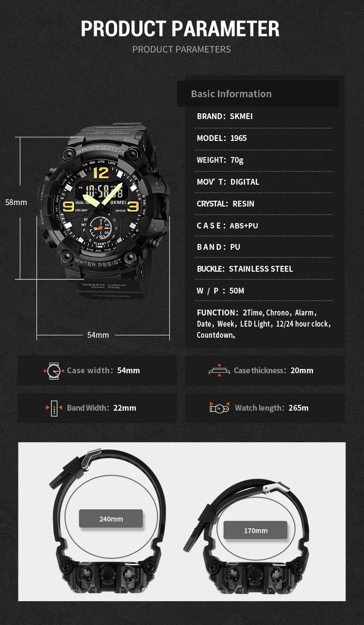 Skmei Men's Military Sport's Wristwatch Fashion Big Size Dial Quartz Analog Three Time Zone Male Led Waterproof Stop Watches