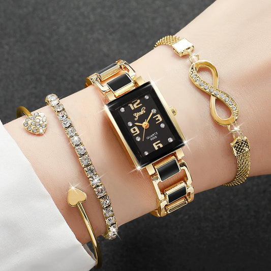 4PCS Elegant Square Women Watches Rhinestone Bracelets Set Fashion Ladies Quartz Wristwatch Clock Reloj Mujer（Without Box）