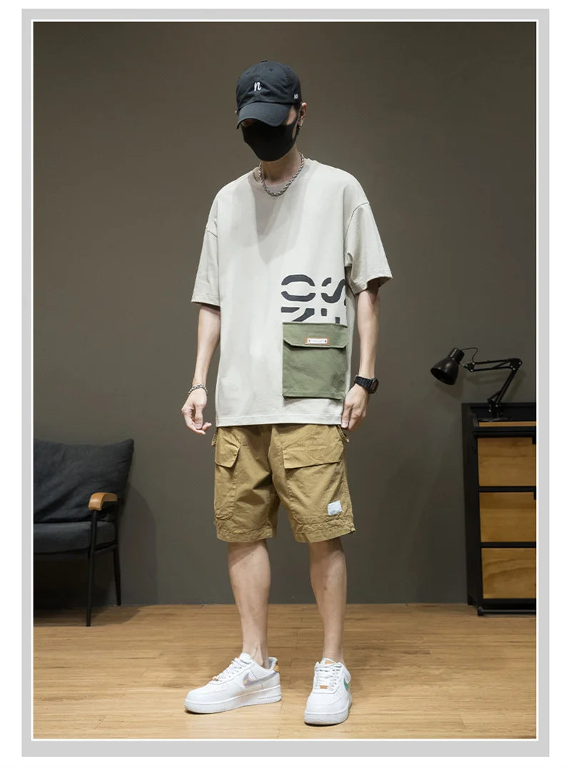 Summer Men's Short Sleeve Letter Printed T-shirt With Cargo Pocket Casual Cotton O-Neck Tops Y2K Streetwear Oversized Tee Shirts
