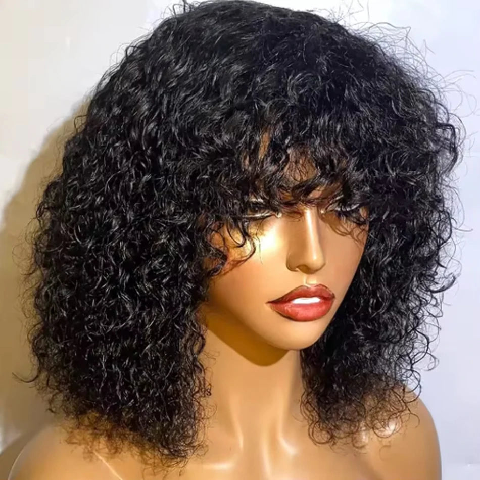 Short Curly Bob Human Hair Wig With Bangs Deep Curly No Lace 250 Density Brazilian Virgin Remy Fringe Human Hair Wigs Easy To Go