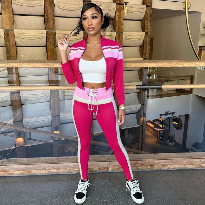 Fashion Women Tracksuit Streetwear 2piece Set Color Block Long Sleeve Zipper Jacket and Pants Sporty Fitness Gym Two Piece Sets