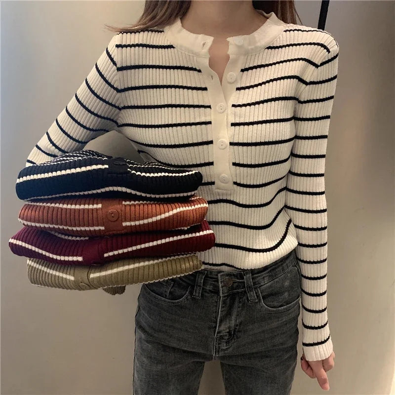 ITOOLIN Women Stripes O-neck Buttoned Up Sweaters Long Sleeve Knitted Sweater Slim Women Jumpers Tops Autumn Winter One Size