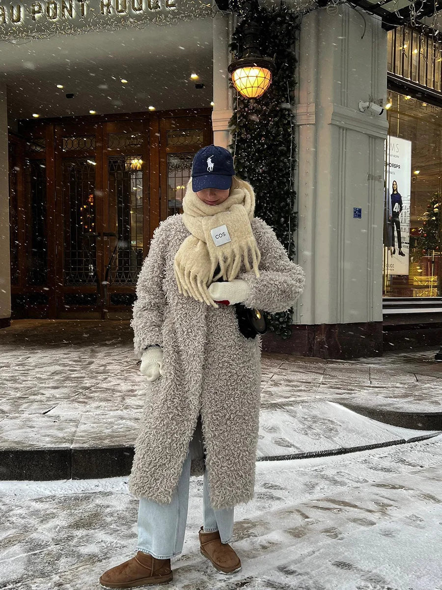 Gray Wool Faux Fur Shearling Long Coat for Women Winter 2025 Winter Fashion Trendy Teddy Maxi Coat Monki Curly Clean Fit Outwear
