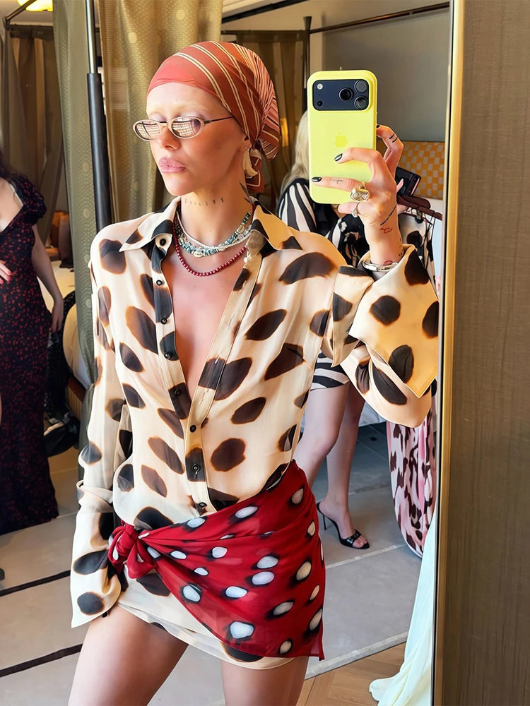 Women Two Tone Dot Print Long Sleeve Split Midi Dress Y2K Deep V Drawstring Slim Mermaid Skirt 2026 Street Club Party Outfit