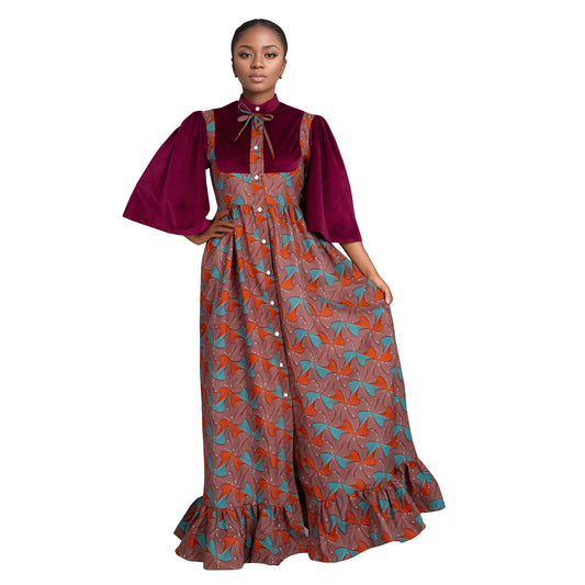 BRW Weaving Velour African Elegant Dress for Women African Lady Print Evening Party Dress Half Sleeve Stand Neck Dresses WY10927