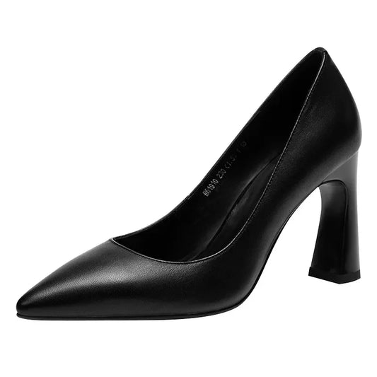 Black Women's Pumps 6-8cm Heel Soft PU Leather Non-slip Single Shoe Professional Interview High Heels Mid Heeled Work Shoes