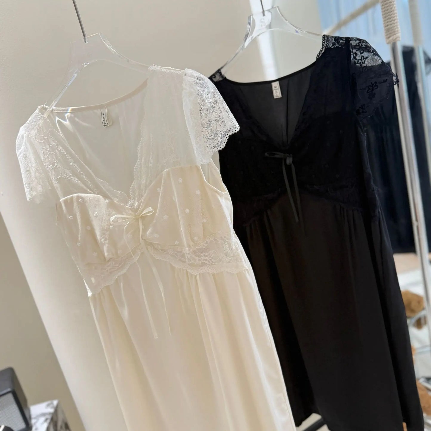 Summer Women Nightdress Sexy Perspective Lace Short Sleeve Nightgown Sexy V-Neck Home Dress Loose Satin Loungewear