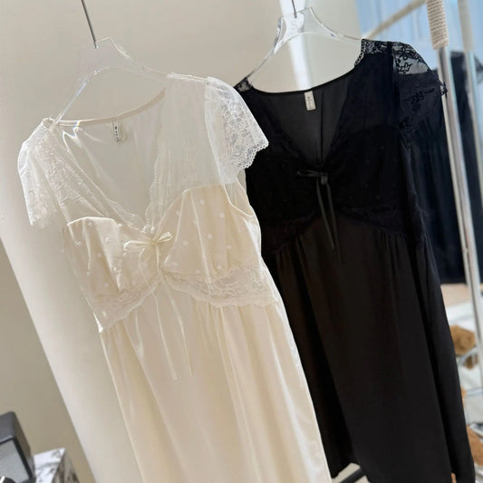 Summer Women Nightdress Sexy Perspective Lace Short Sleeve Nightgown Sexy V-Neck Home Dress Loose Satin Loungewear