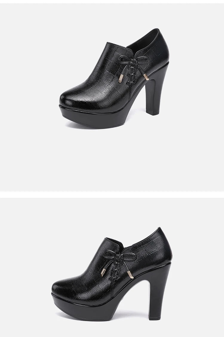 10cm Small Size 32-43 Elegant Black Bow Deep Mouth Thick Bottom Platform Pumps 2026 Winter Block High Heels Shoes Office Model