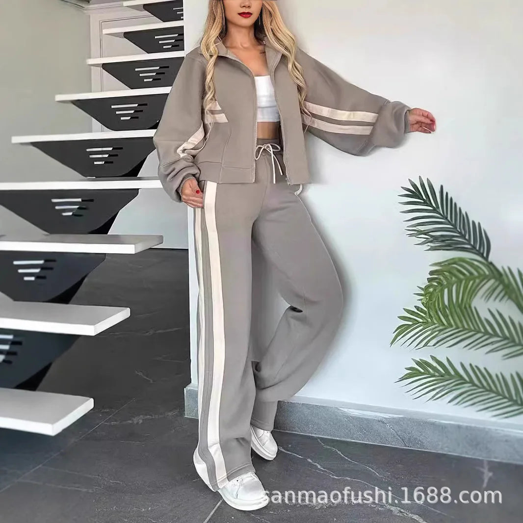 Y2K Striped Zipper Coat+sweatpants Two Piece Set Women Casual Batwing Sleeve Sports Jacket Outfits Autumn Winter Sweatshirt Suit