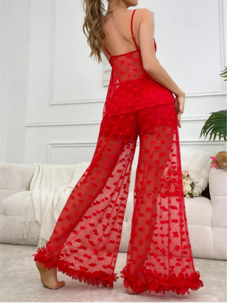 Sexy Ladies Pajama Set 2-piece   Lace Heart Transparent Strappy Bra and Long Pants   Petal Lace Lingerie Set   Sexy Sleepwear