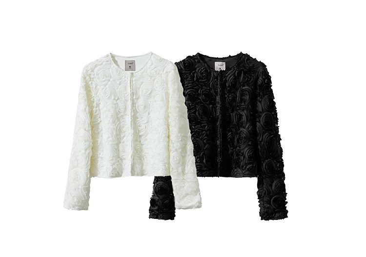 AMII Minimalism Short Jacket Women 2025 Autumn New Elegant Romantic Stereoscopic Flower O-Neck Hook Button Outwear Coat 12521066