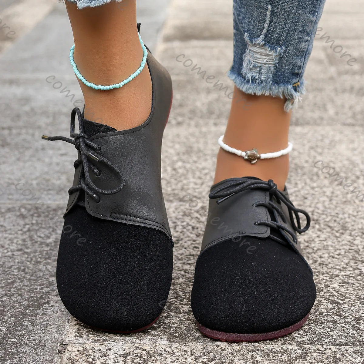 Comemore Spring Women's Flat Shoes Fashion Round Toe Lightweight Lace-up Soft Single Shoes Outdoor Casual Sneakers Mocasines