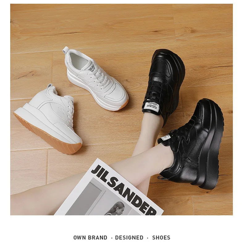 Women's Sneakers Genuine Leather Womens Casual Shoes Thick Sole Increase Height 10cm Women Sneakers Breathable Shoes Botas Mujer