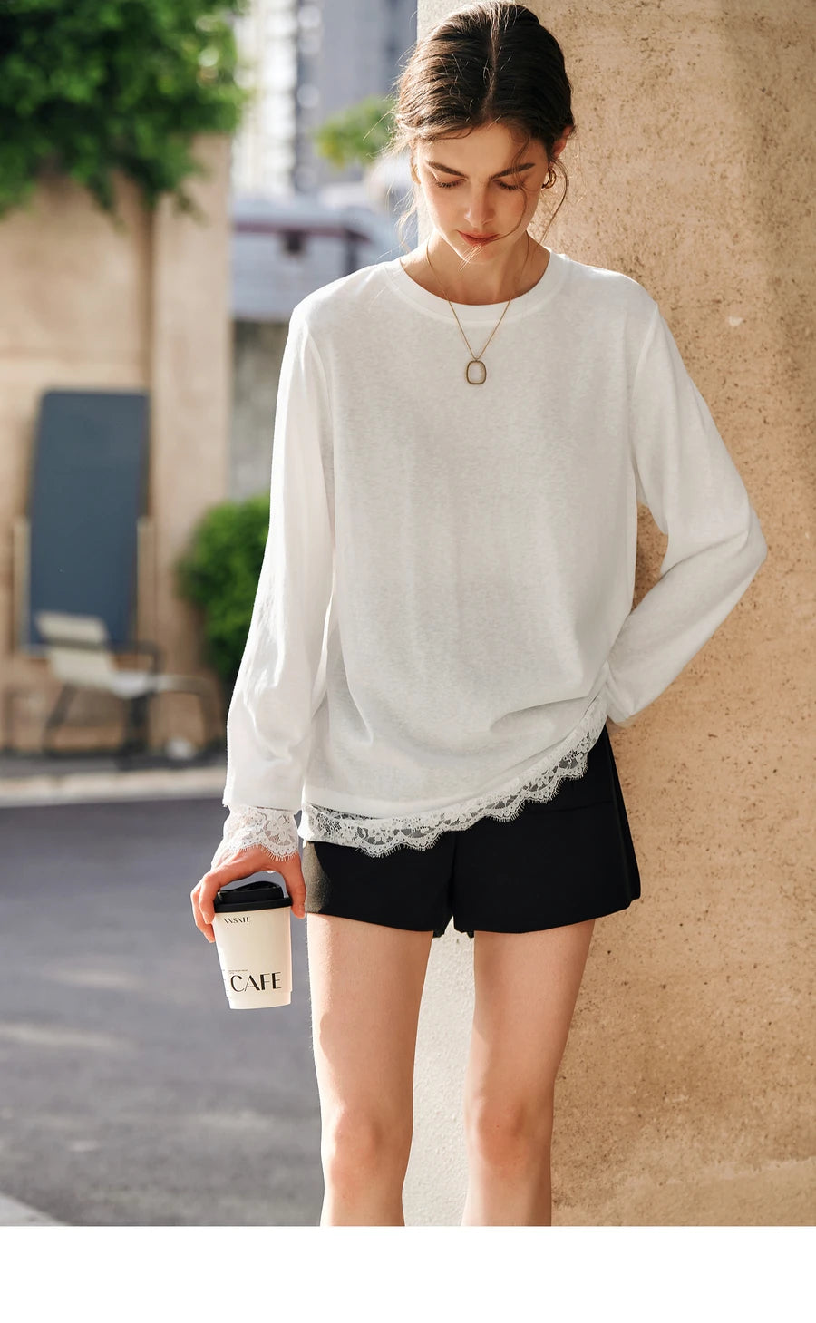 OLrain Cotton White T-shirt Women 2026 Autumn Casual Loose Tee Shirt Crewneck Lace Long Sleeve Tops Woman Clothing N57CT95669
