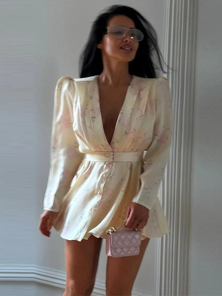 Elegant Women's Printed Waistband Short Dress Deep V-neck Long Puff Sleeve Pleated Dresses 2026 Summer Lady Holiday Party Robe