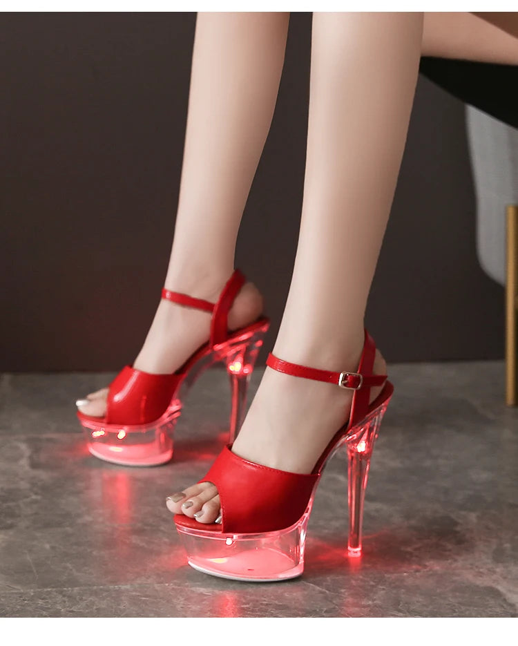 Women's Transparent And Glowing High Heels Red LED Light Up Party Sandals Nightclub Pole Dance Shoes 14.5CM Summer Runway Pumps