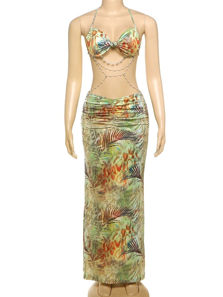 kliou Pearl Splice Stunning Dresses Women Sexy Tie Dye Tassel Bandage Hollow Shirring Maxi Bodycon Lady Vacation Party Vestidos