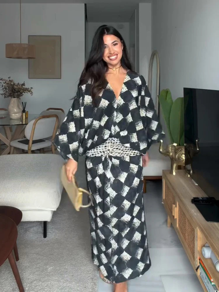 Elegant Plaid Printed Women's Dress V-neck Batwing Sleeve Waist Cinching Long Dress 2026 Spring Summer Casual Holiday Lady Robes