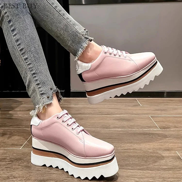 New beige Women Platform Casual Shoes 2024 Spring Black Casual Chunky Sneakers Women Real Leather White Height Increasing Shoes
