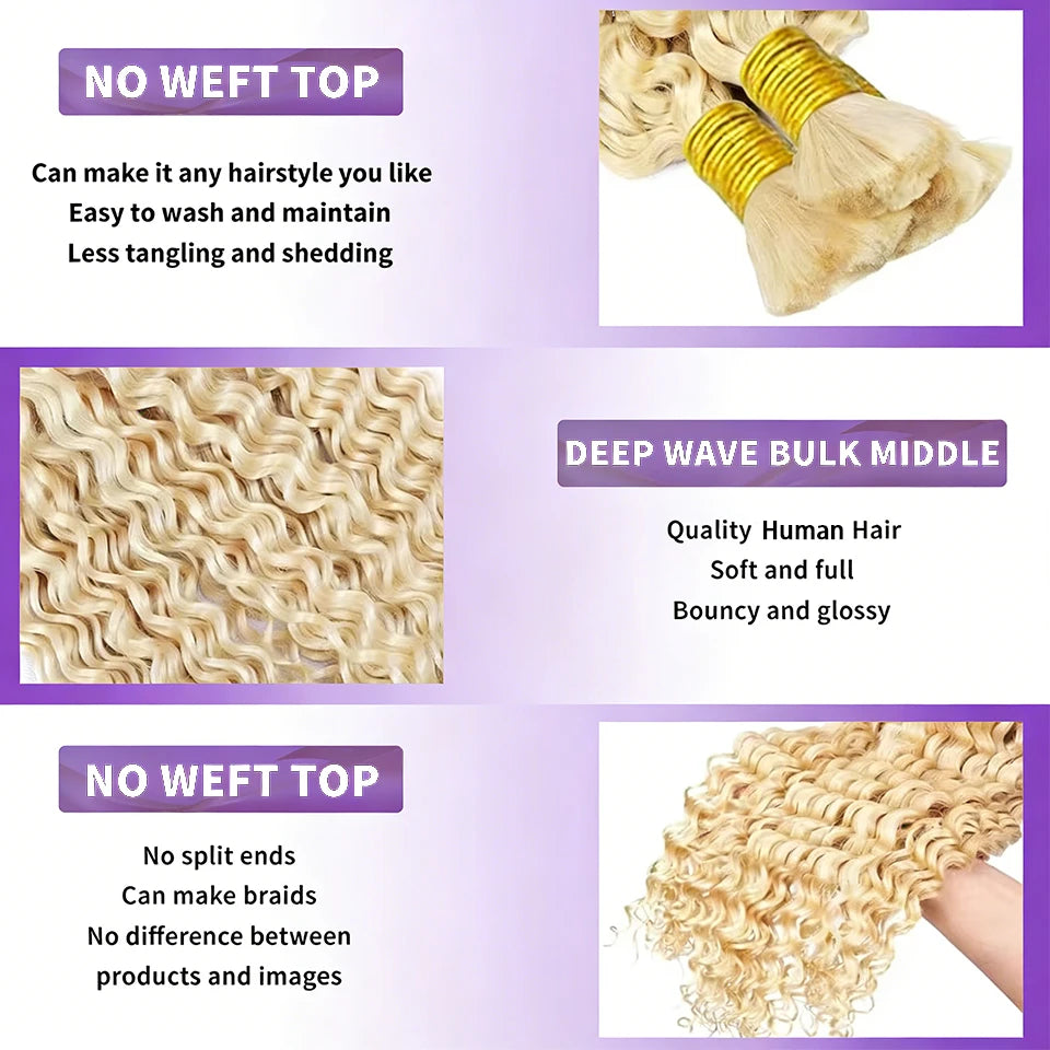 613 Blonde Deep Wave Bulk Braiding Hair 100% Human Hair No Weft Human Hair For Braiding Extensions 16-26 Inch For Woman 50G/Pack