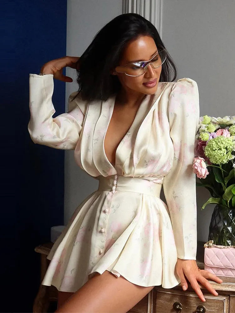 Casual Printed Mini Dress Women Full Sleeve Button V-neck Lady Short Dresses Waist Tape 2026 Spring Summer Female Robe Beach