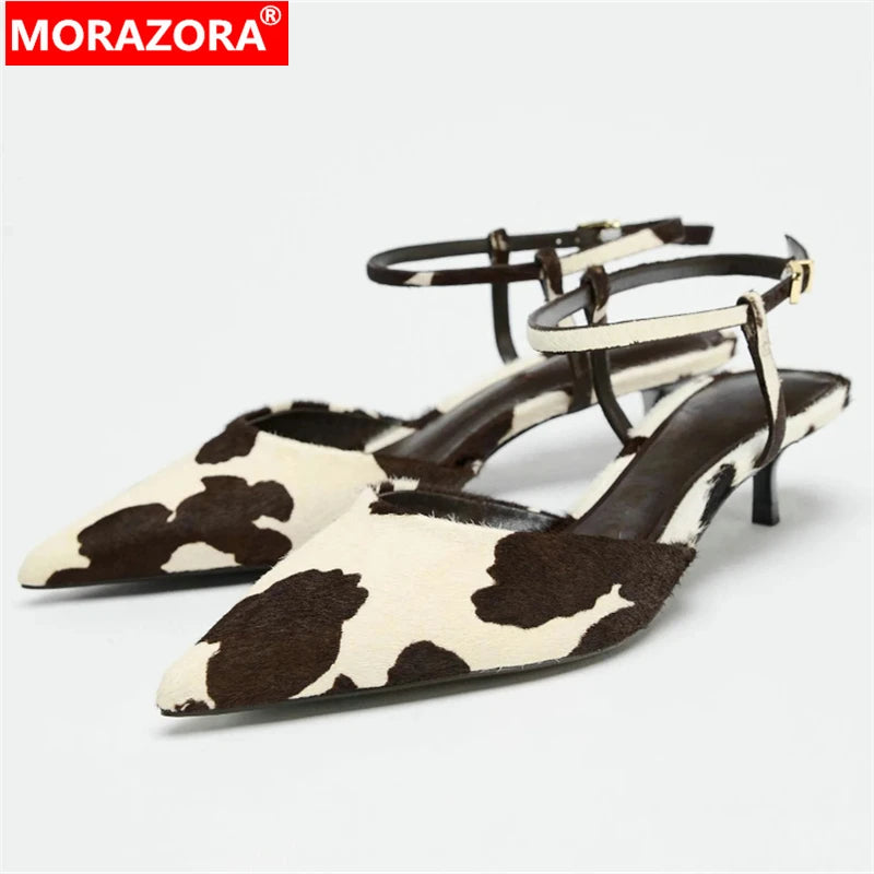 MORAZORA Plus Size 34-43 New Horsehair Women Sandals Stiletto High Heels Pointed Toe Buckle Strap Summer Shoes Ladies Party Shoe