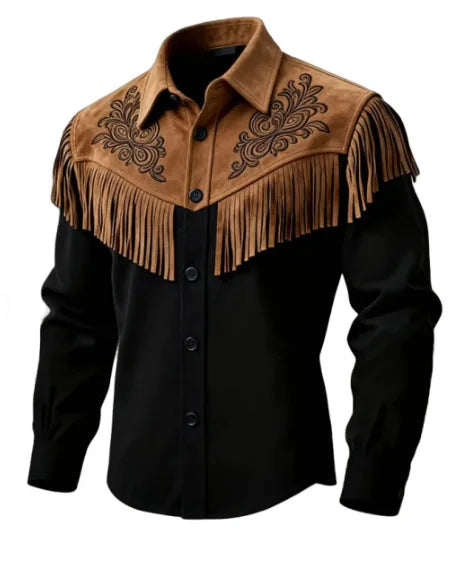 New Men's Tassel Fur Jacket, Western Denim Long Sleeved Jacket, Motorcycle Style Fashionable Patchwork Lapel Top, European Sizes