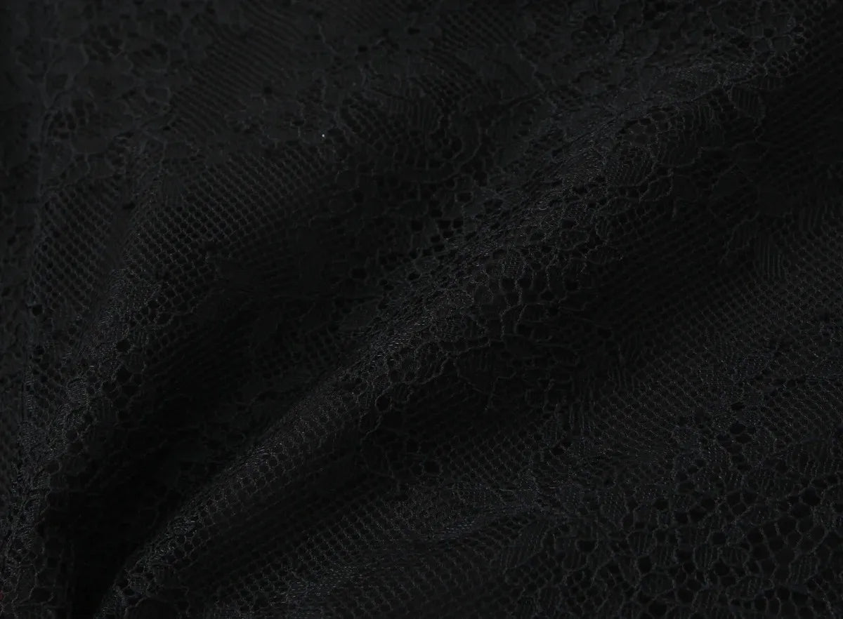 Women 2025 Autumn New Lace Bodysuit Women's Bodysuit Black Cutwork O-Neck Long Sleeves Bodysuits+Splicing Mini Skirt Suit