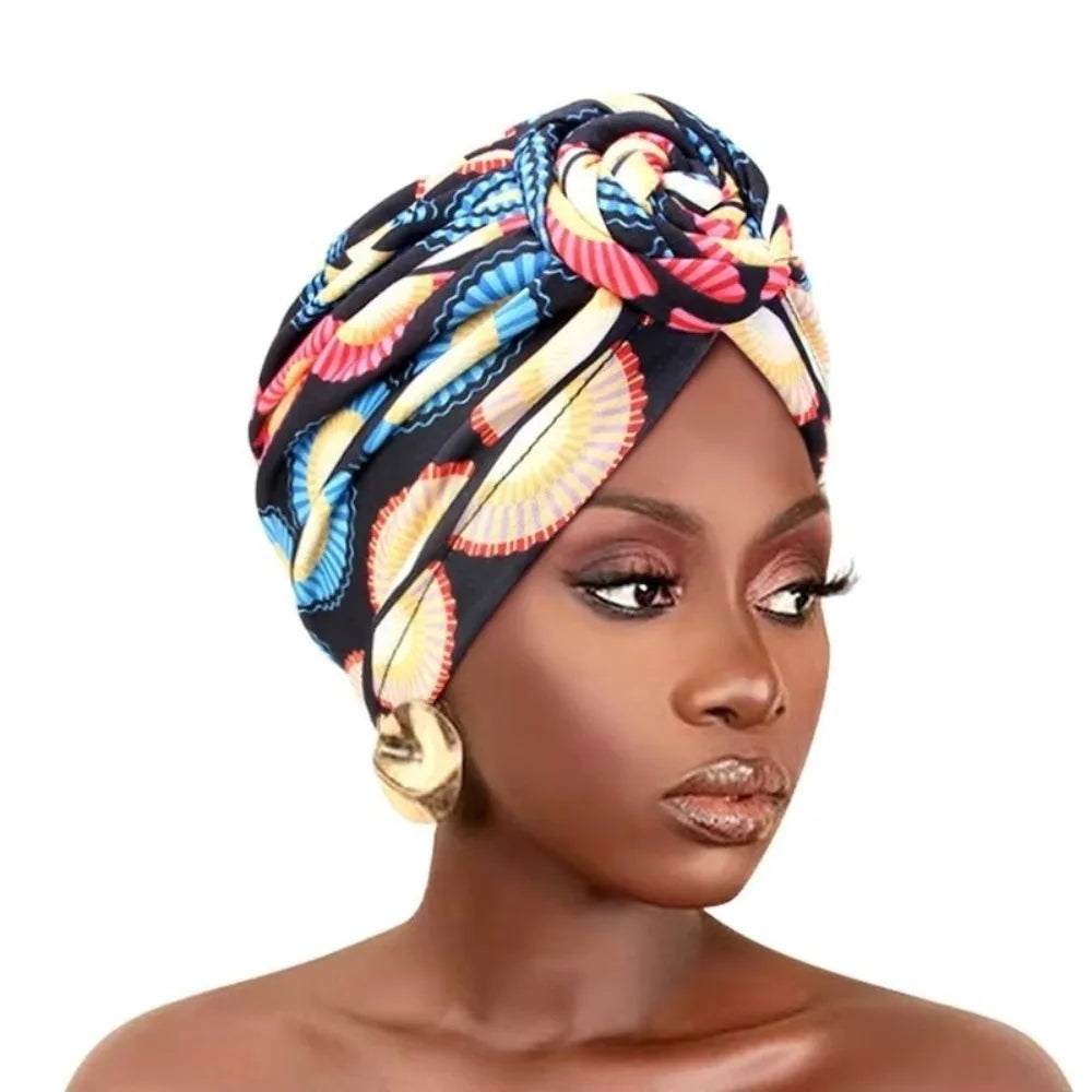 Fashion African Print Hijab Caps Pleated Wrap Twist Knot Turban Hat Elastic Knotted Style Floral Head Wrap All Match Decor