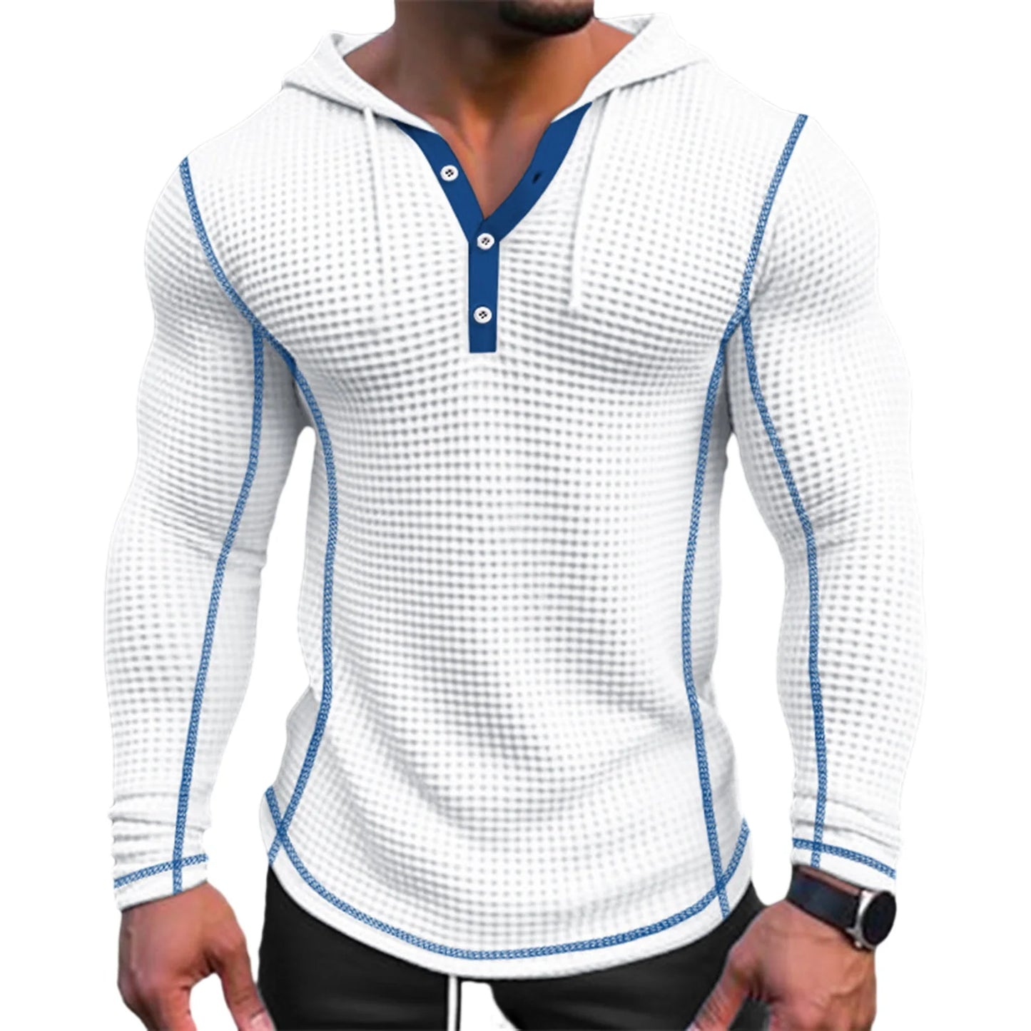 Spring Solid Color Slim Fit Long Sleeved T-shirt, Men's Hooded Breathable Sports Top, Waffle Cotton Casual Long Sleeved Shirt